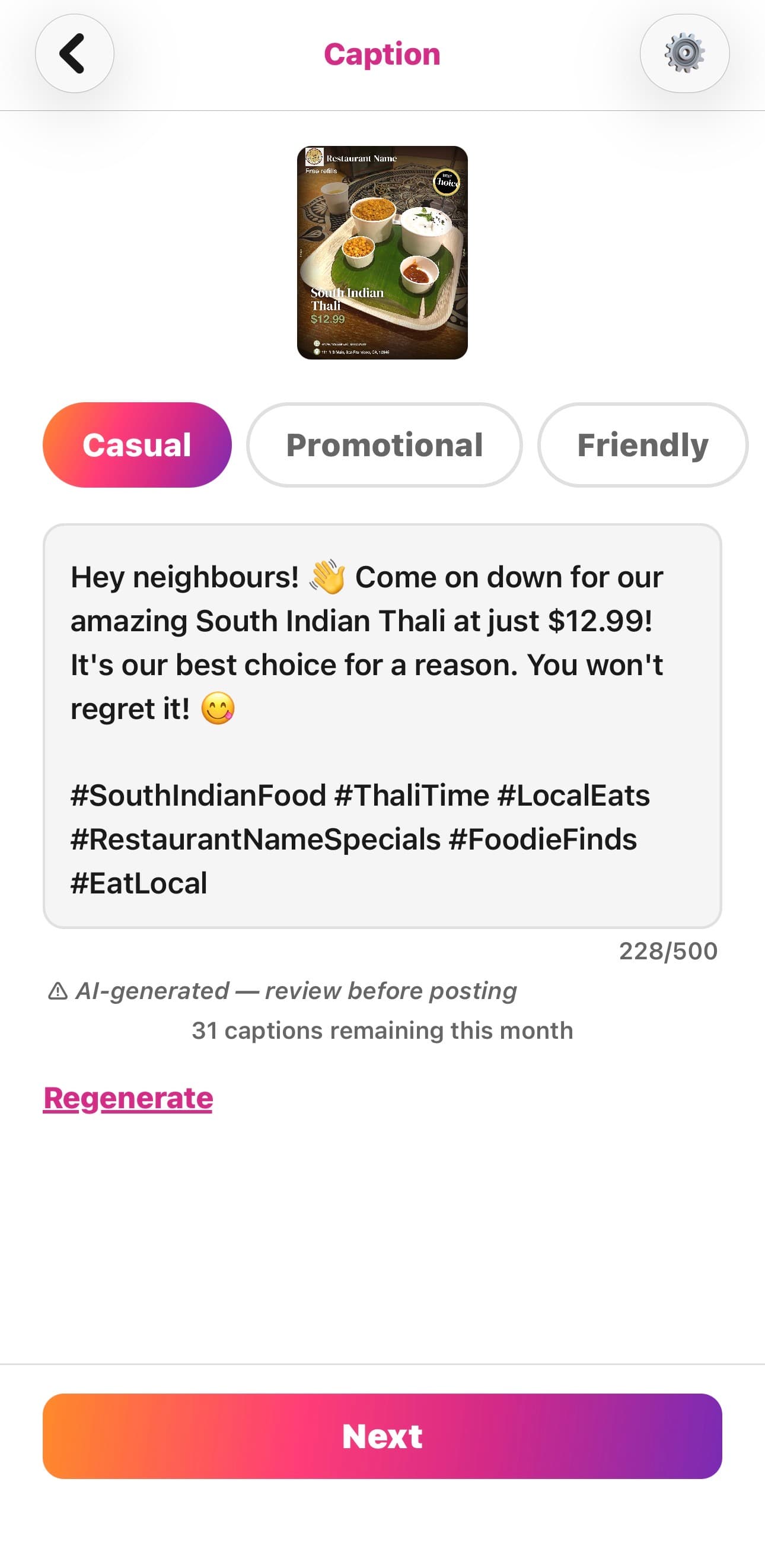 PostMyPlatter caption screen showing Casual, Promotional, and Friendly tone options with AI-generated caption