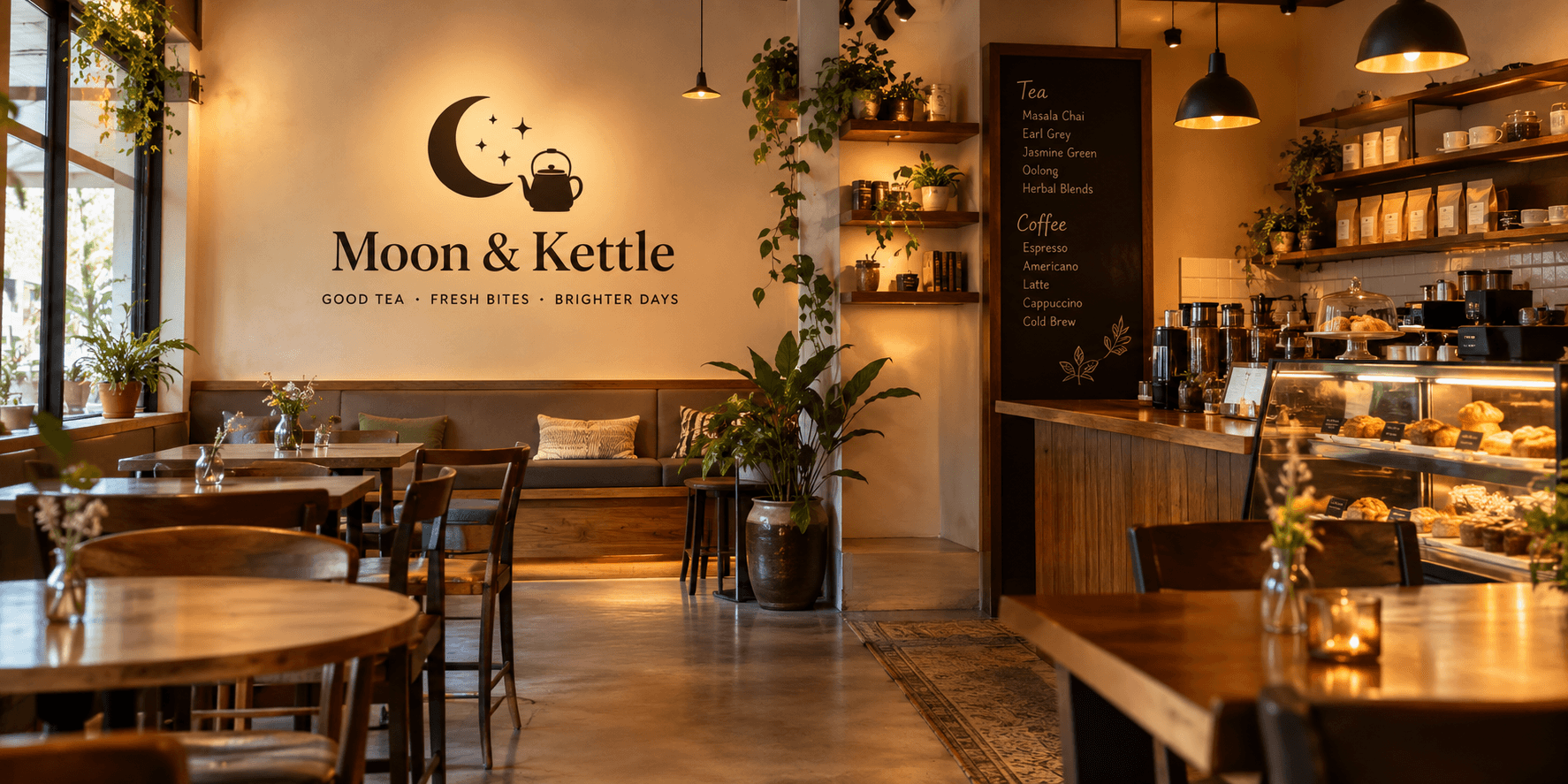 The inside of a tea shop, the kind of room a restaurant website is trying to show