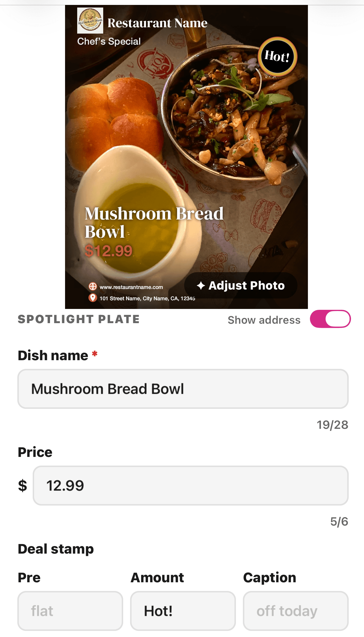 PostMyPlatter iOS app, dish name, price, and deal details screen