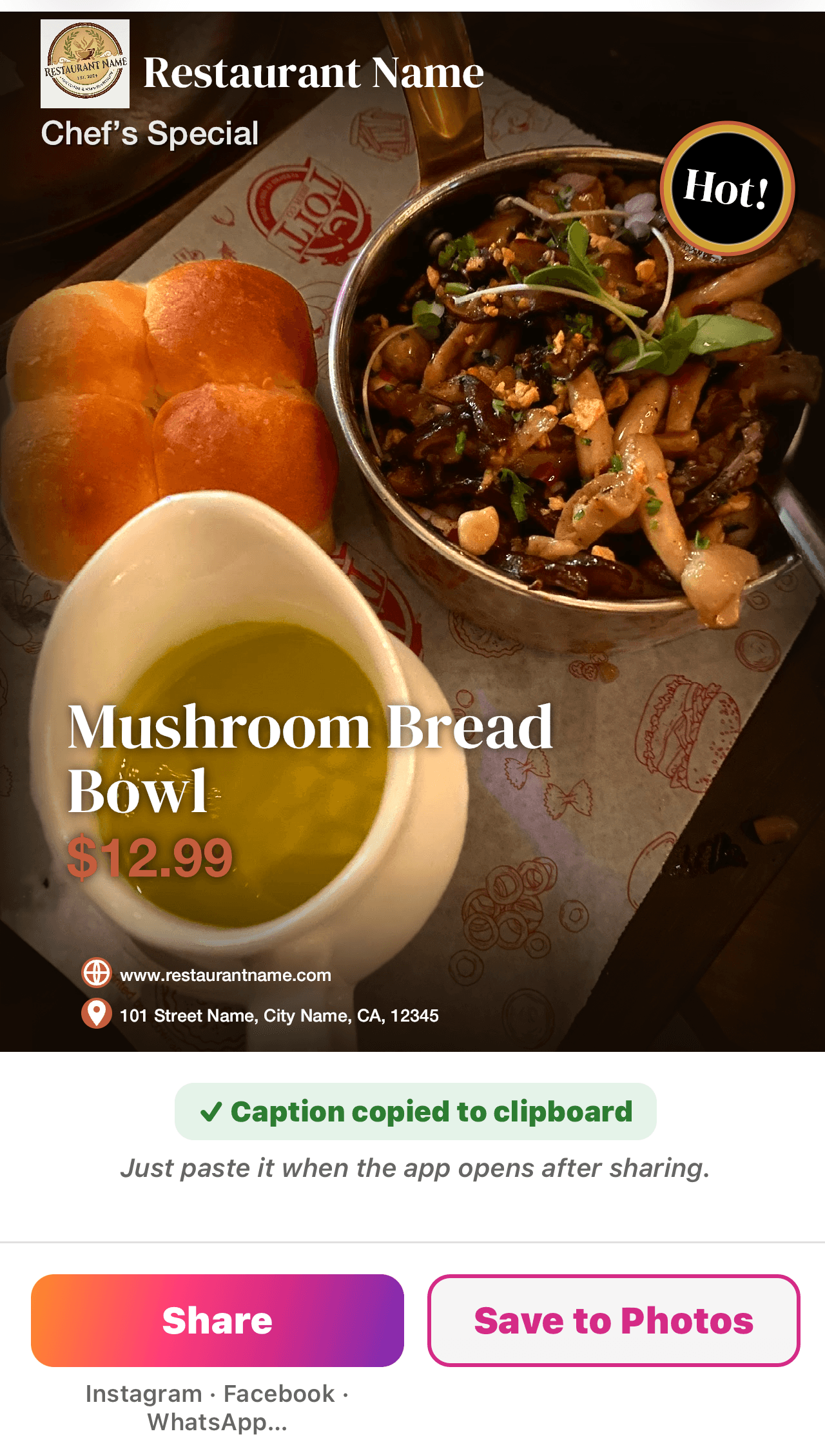 PostMyPlatter iOS app, share screen with finished post and share options