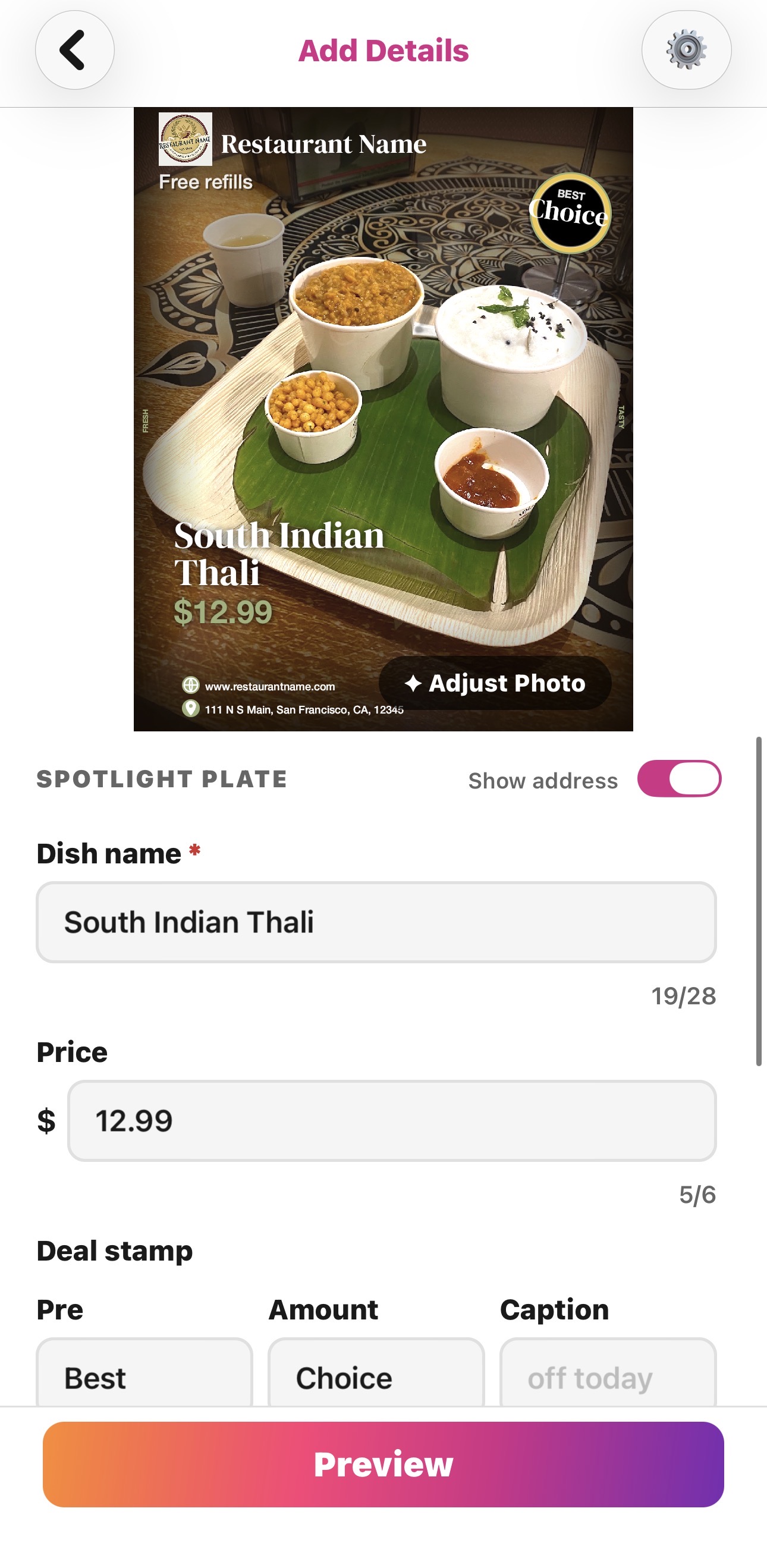 PostMyPlatter add details screen showing dish name and price fields