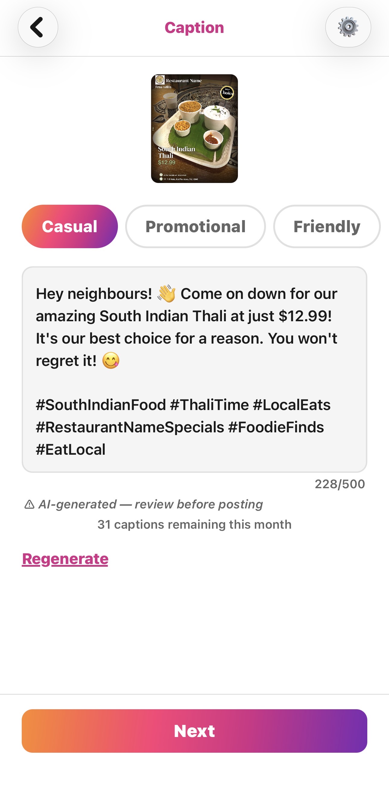 PostMyPlatter caption screen showing Casual, Promotional, and Friendly tone options