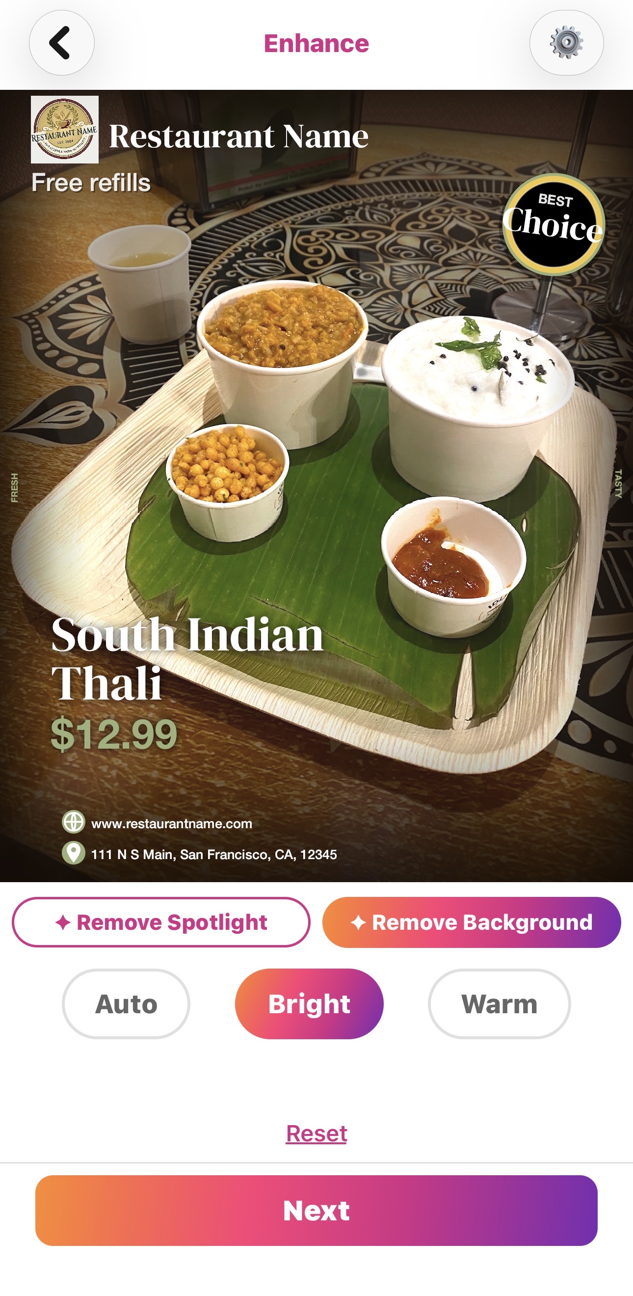PostMyPlatter enhance screen showing Remove Background and Spotlight options