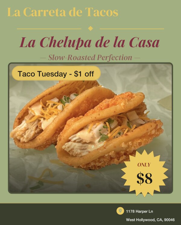 After: the same real tacos, enhanced into a finished branded post for La Carreta de Tacos