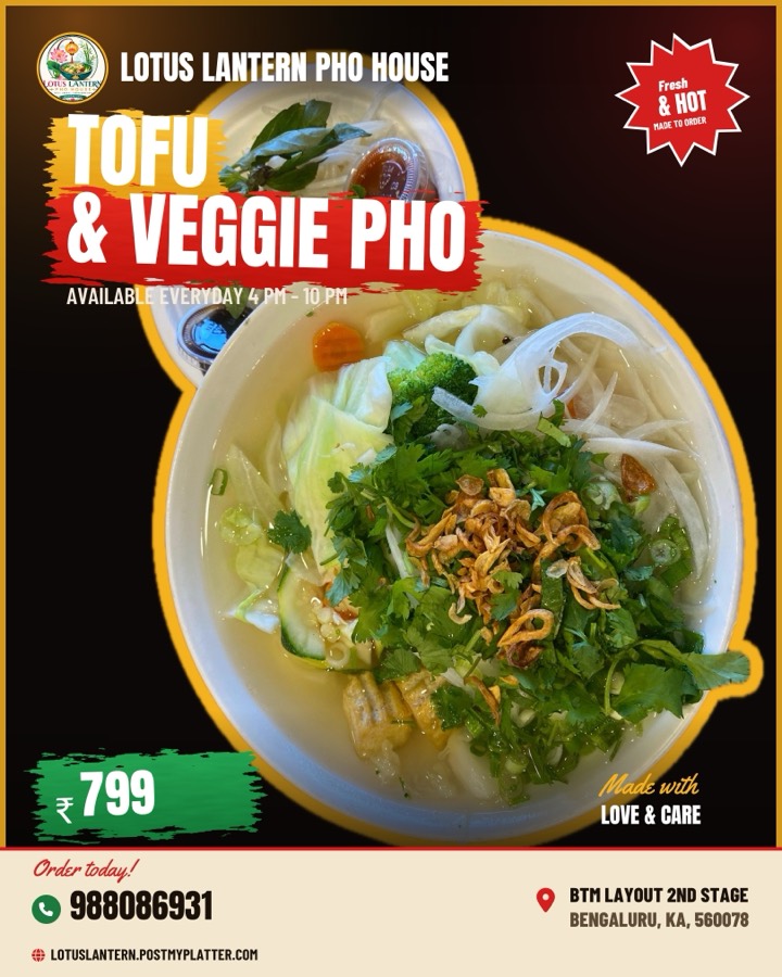 After: the same bowl as a finished branded post carrying the restaurant name, dish, price, hours and address